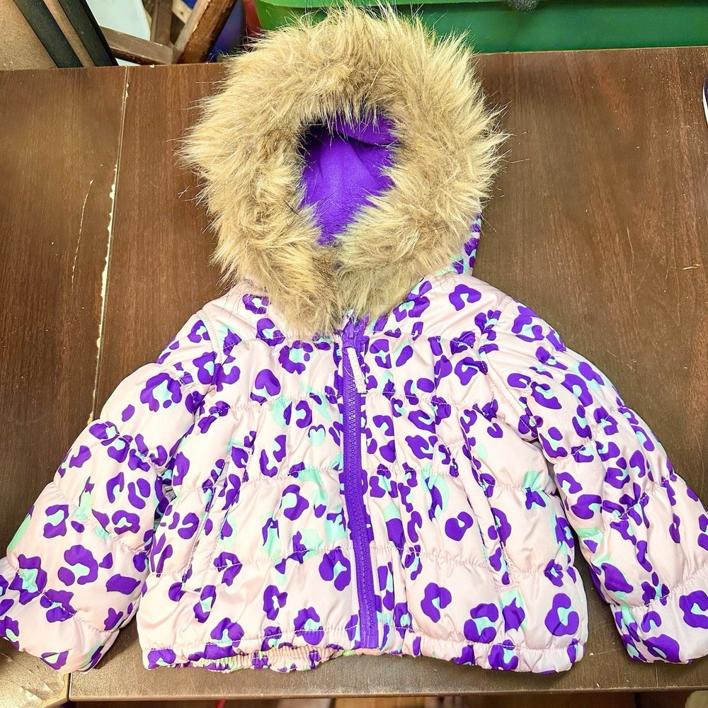 Toughskins Girls Puffer Winter Coat Pink Purple Leopard Faux Fur Hood 12 Mos